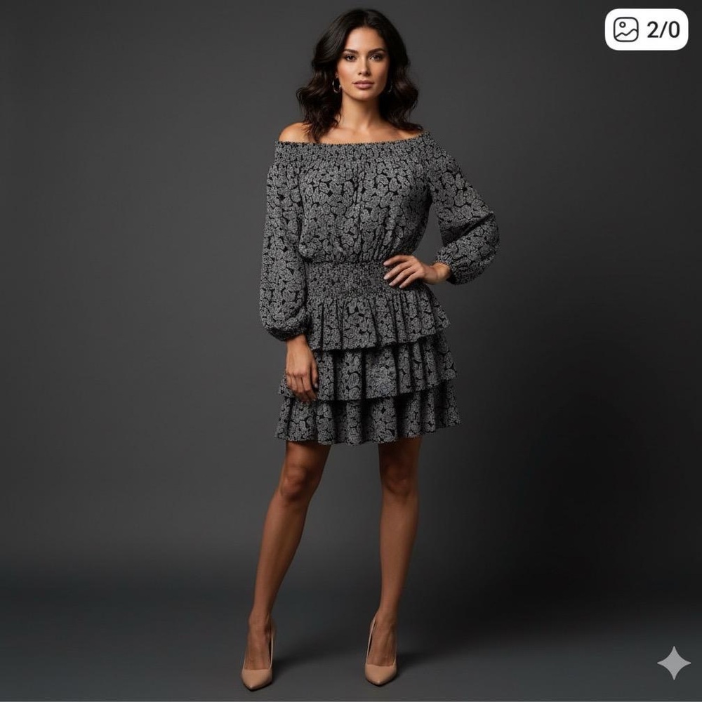 MICHAEL Michael Kors Black and Gray Patterned Mini off the shoulder Dress A17